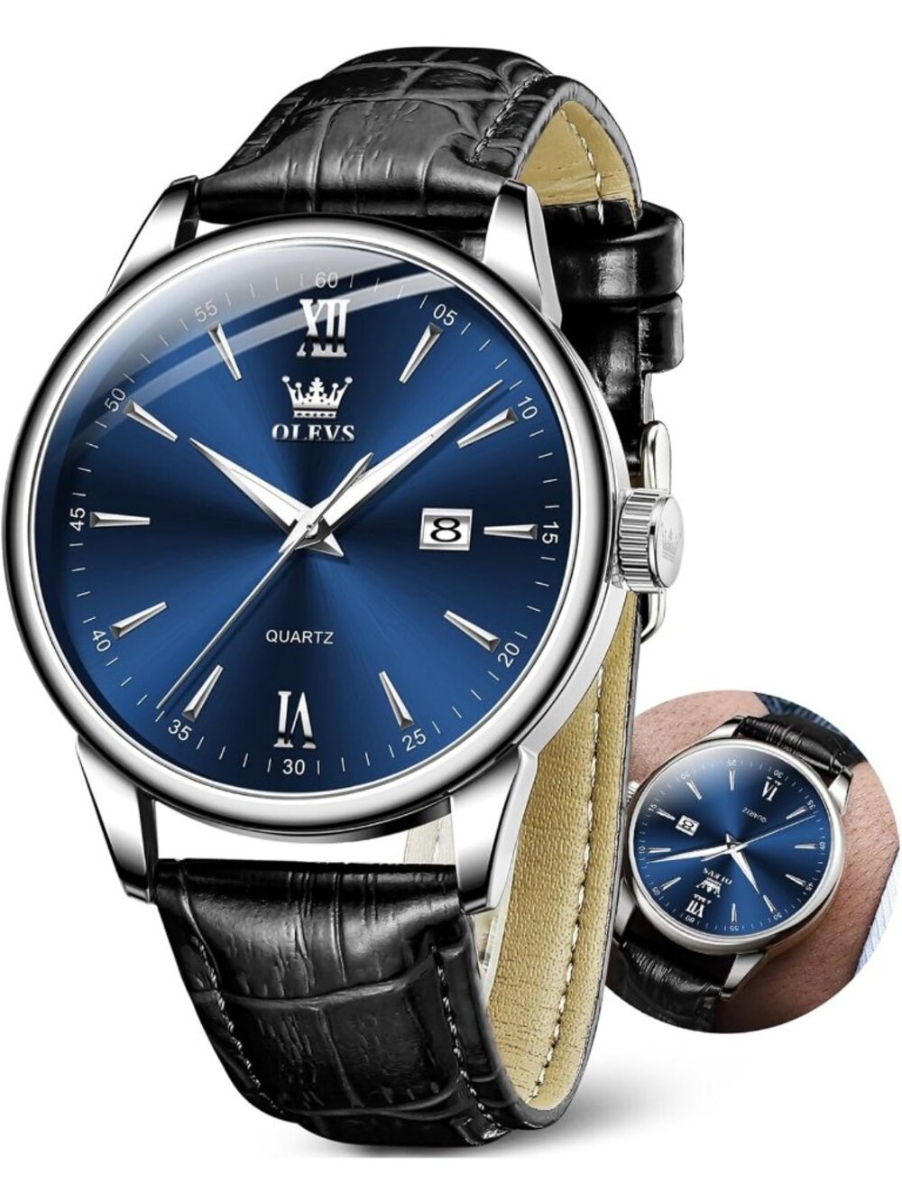Men's Blue Black Leather Band Waterproof Relog Para Hombres Classic Wrist Watch